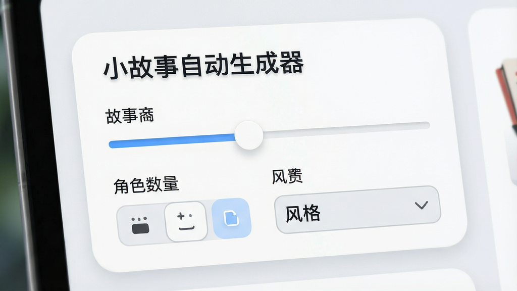 软件设置面板特写,标题“小故事自动生成器”下方展示故事长度滑块、角色数量选择器、风格下拉菜单,界面采用圆角卡片设计,浅色背景,图标精致,画质细腻干净