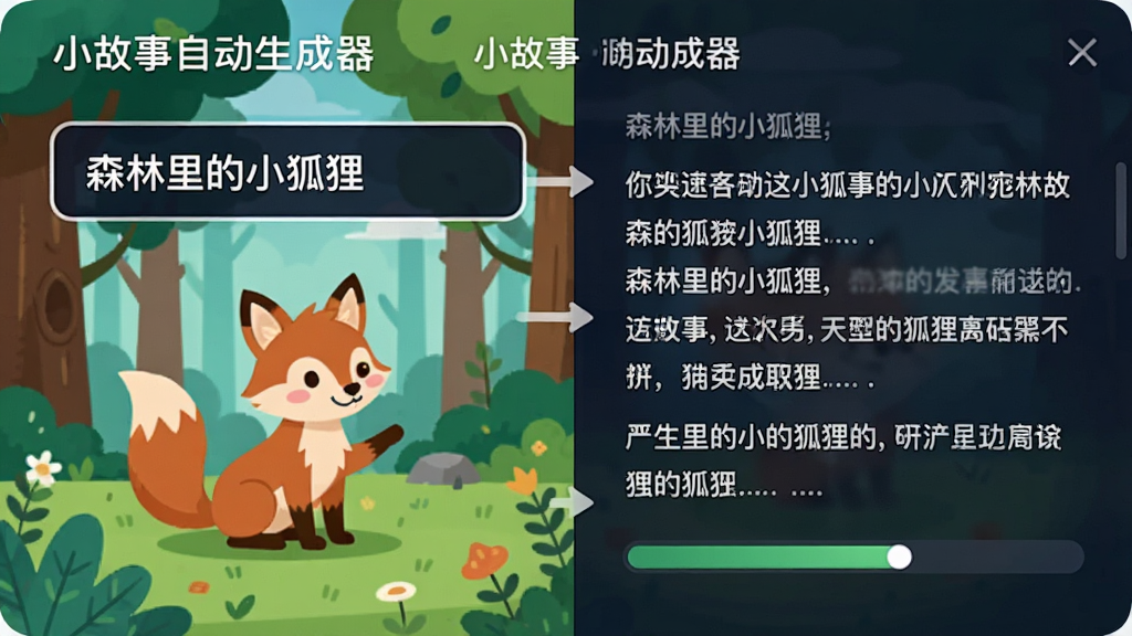 展示“小故事自动生成器”的生成过程,画面左侧是输入框内写着“森林里的小狐狸”,右侧是快速滚动生成的故事文本,界面有进度条动画,风格扁平化插画,色彩明快,干净无杂乱,高清画质