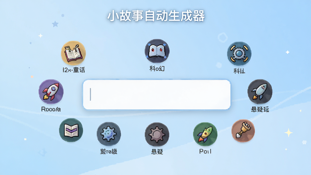 软件主界面展示,标题为“小故事自动生成器”,界面中央有一个醒目的文本输入框,周围环绕着童话、科幻、悬疑等故事类型图标,背景是柔和的浅蓝色渐变,风格简洁现代,画面干净清晰,细节丰富,4K画质,无多余元素