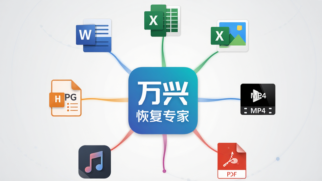 一张信息图表风格的图片,画面中央是万兴恢复专家的软件图标,周围环绕着各类文件格式的图标(Word文档、Excel表格、JPG图片、MP4视频、MP3音频、PDF文件等),呈放射状排列,布局为居中放射式,风格为清新扁平化,细节包括图标色彩鲜明、连接线条流畅、背景为浅灰色渐变,画质为高清,干净无多余元素