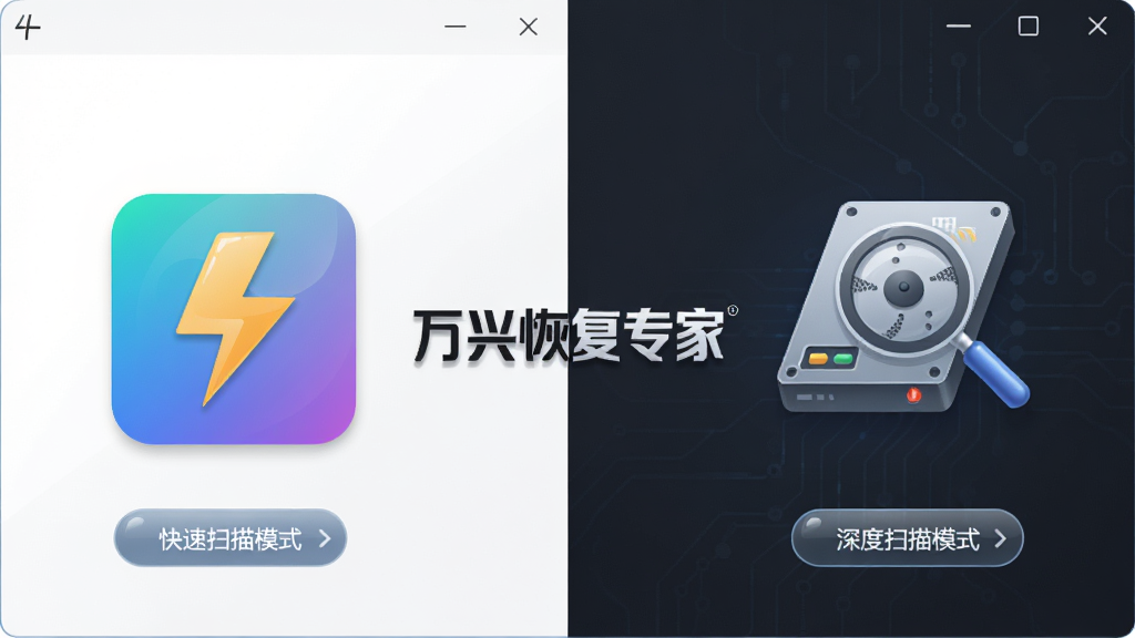 万兴恢复专家软件界面截图风格图片,画面分为左右两半,左侧为快速扫描模式图标(闪电符号),右侧为深度扫描模式图标(放大镜深入磁盘的图示),中间是软件名称“万兴恢复专家”的Logo,布局为对称对比式,风格为扁平化科技风,细节包括图标渐变色彩、磁盘纹理、界面按钮高光,画质为高清,干净无多余元素