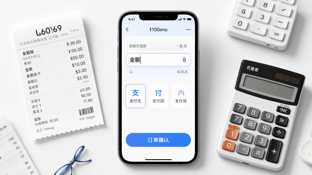好老板店铺版收银记账功能展示,画面中央为手机屏幕显示收银界面,包含金额输入、支付方式选择和订单确认按钮,周围环绕着账单和计算器元素,布局居中,排版清晰,风格简洁明快,细节精致,画质高清,干净,无多余元素