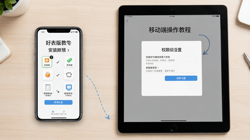 好老板店铺版移动端操作教程示意图,画面展示一部手机和一部平板并排,屏幕上分别显示安装步骤和权限设置界面,背景为浅色桌面,布局左右对比,排版清晰,风格教程说明,细节丰富,画质高清,干净,无多余元素