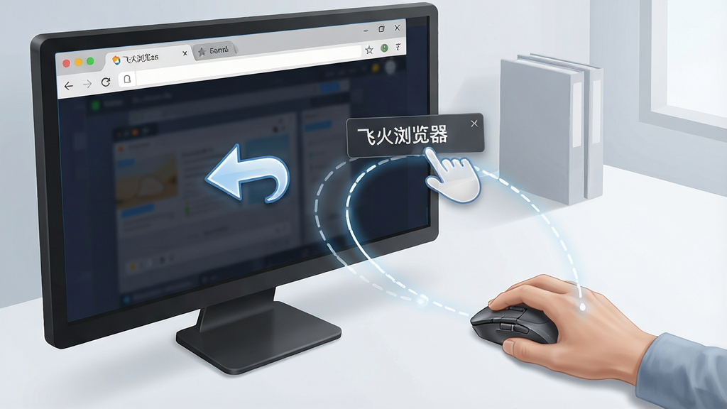 一张展示飞火浏览器鼠标手势操作的概念图,画面中一只手握着鼠标在桌面上划出弧线轨迹,屏幕上的浏览器窗口同步显示“后退”箭头动画,背景为简洁的办公桌面,风格为写实科技插画,细节包括鼠标手势轨迹线、浏览器标签页、手势提示浮层文字“飞火浏览器”,画质清晰,干净无杂乱元素