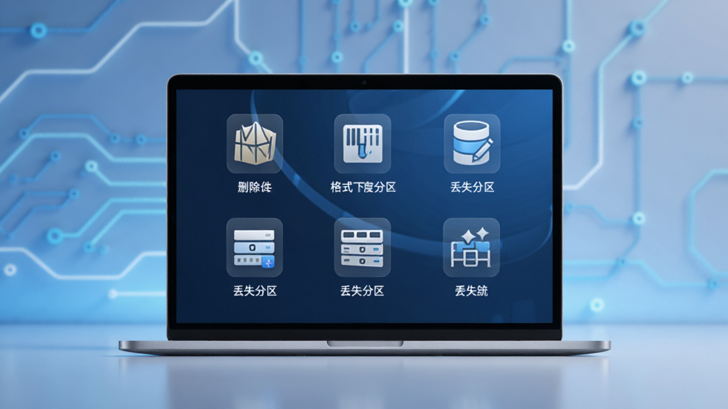 Power Data Recovery 多场景恢复功能展示图,画面中一台笔记本电脑屏幕上显示多个恢复场景图标,包括删除文件、格式化分区、丢失分区等,背景简洁,科技感蓝色调,高清画质,无多余元素