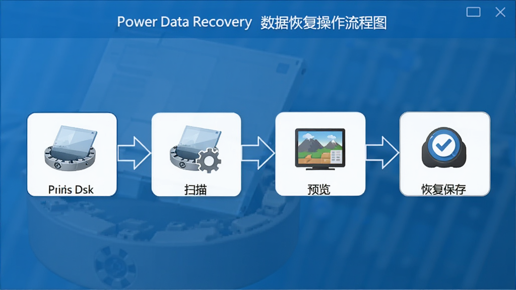 Power Data Recovery 数据恢复操作流程图,画面展示从选择磁盘、扫描、预览到恢复保存的四个步骤,界面清晰,箭头引导,蓝色调,高清画质,无多余元素