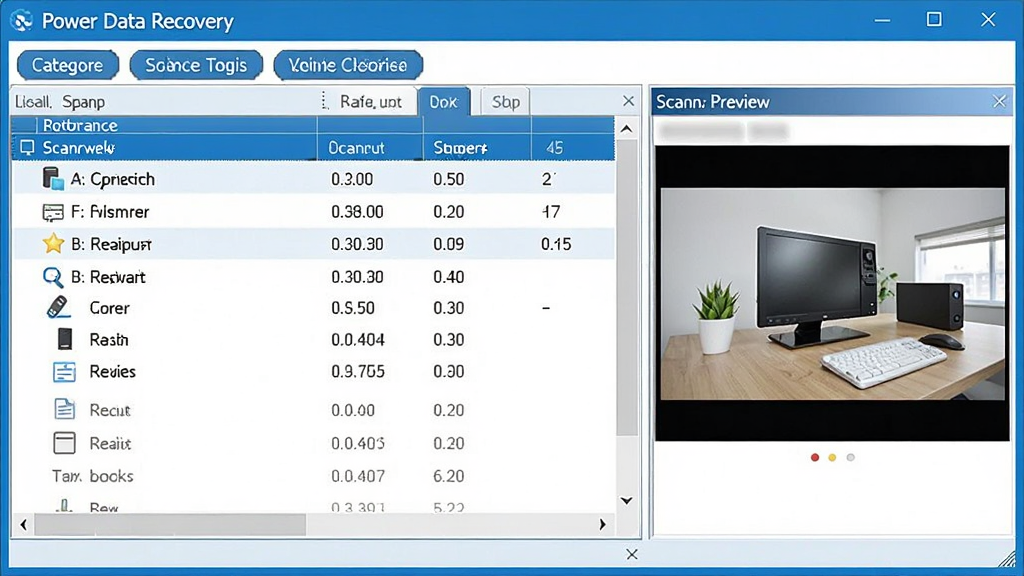 Power Data Recovery 文件预览界面,展示扫描结果列表和右侧图片预览窗口,界面清晰,分类标签明显,蓝色主色调,高清画质,无多余元素