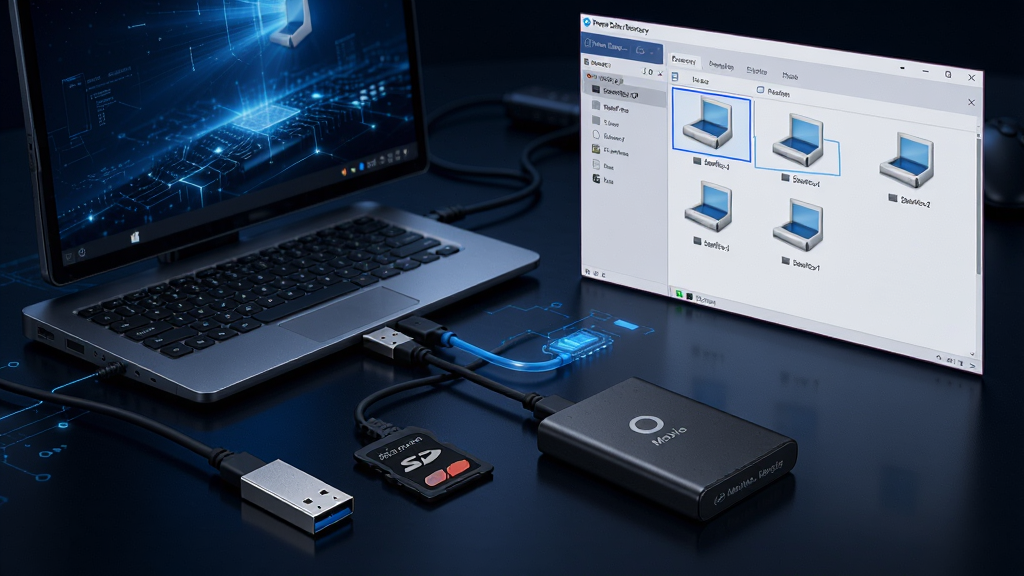Power Data Recovery 设备兼容性示意图,画面展示电脑连接U盘、SD卡、移动硬盘等多种存储设备,软件界面显示各设备盘符,科技感风格,高清画质,无多余元素