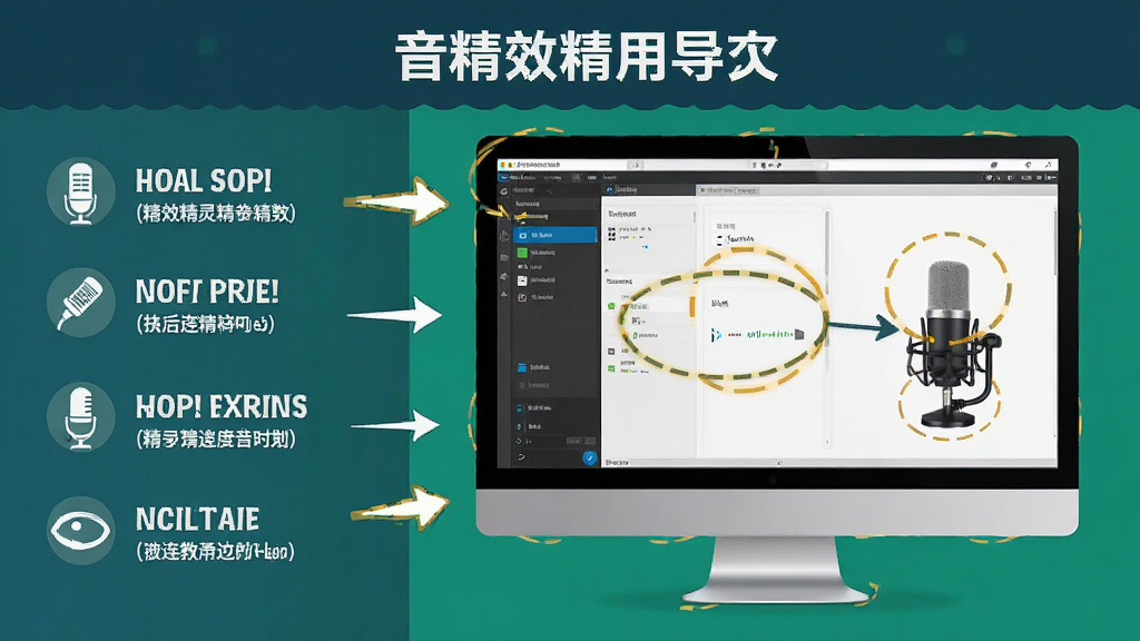 音效精灵使用教程示意图,主体为电脑屏幕显示软件设置界面与麦克风连接示意,布局为左右分栏左侧步骤说明右侧界面截图,排版教程风格,风格为图文结合的教学风,细节包含箭头标注与重点圈选,画质高清,干净,无多余元素