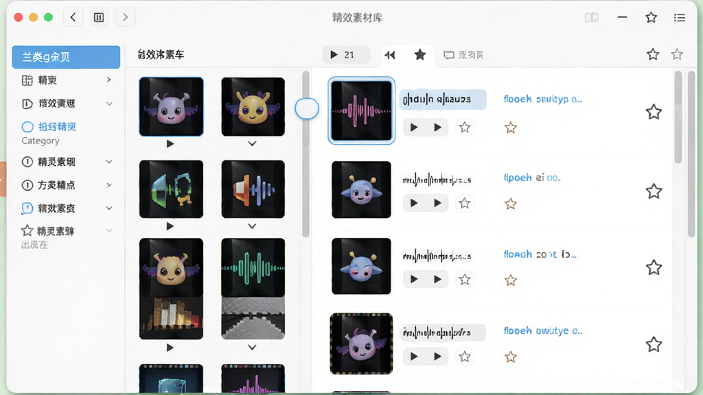 音效精灵音效素材库界面,主体为软件窗口中的分类网格与音效列表,布局为左侧分类导航右侧音效条目展示,排版整齐,风格为明亮清爽风,细节包含播放按钮与收藏星标,画质高清,干净,无多余元素