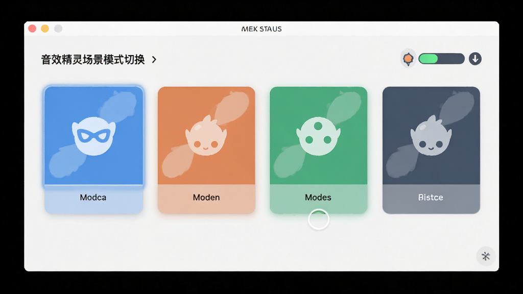音效精灵场景模式切换界面,主体为软件窗口中的模式选择卡片与状态指示,布局为横向排列的模式选项,排版直观,风格为扁平化设计风,细节包含图标与选中高亮效果,画质高清,干净,无多余元素