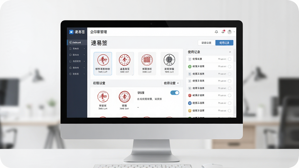 一张展示速易签企业印章管理界面的图片,主体为电脑屏幕显示印章管理后台,布局居中,排版清晰,风格为商务简约风,细节包含多个印章图标、权限设置开关、使用记录列表,画质高清,干净,无多余元素