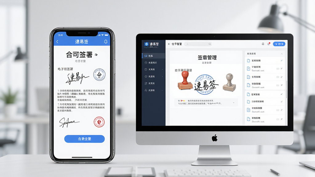 一张展示速易签软件界面的图片,主体为手机和电脑屏幕并排显示速易签电子签名页面,布局居中,左侧手机展示合同签署界面,右侧电脑展示签章管理后台,排版简洁清晰,风格为现代商务科技风,细节包含签名笔迹、印章图标、文件列表,画质高清,干净,无多余元素