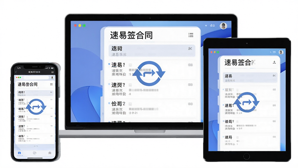 一张展示速易签多端同步功能的图片,主体为一部手机、一台笔记本电脑和一个平板电脑呈三角形排列,布局居中,排版整齐,风格为扁平化科技插画风,细节包含每个设备屏幕上都显示相同的速易签合同列表和同步箭头图标,画质高清,干净,无多余元素