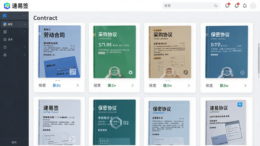 一张展示速易签合同模板库的图片,主体为软件界面中排列整齐的合同模板卡片,布局为网格状,排版规整,风格为清新办公风,细节包含劳动合同、采购协议、保密协议等模板封面和速易签Logo,画质高清,干净,无多余元素