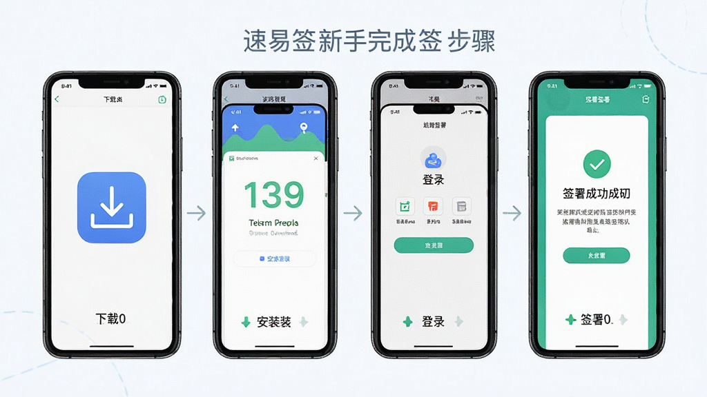 一张展示速易签新手操作步骤的图片,主体为手机屏幕显示从下载到完成签署的四个步骤流程图,布局为纵向排列,排版清晰,风格为扁平化教程风,细节包含下载图标、安装界面、登录页面、签署成功页面,画质高清,干净,无多余元素