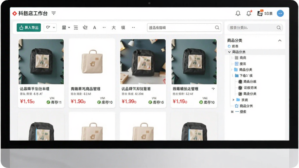 抖店工作台商品管理界面,画面展示电脑屏幕上的商品网格列表,每个商品卡片包含主图、标题、价格和库存数字,顶部有批量编辑工具栏,右侧显示商品分类树,风格清新简洁,细节包括导入导出按钮和搜索框,画质清晰,干净,无多余元素