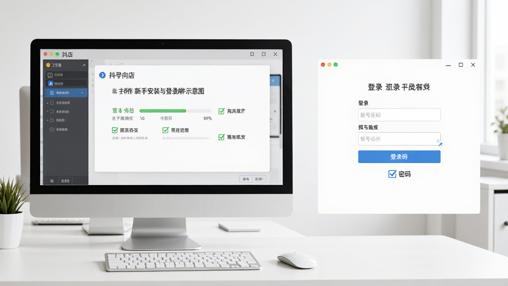 抖店工作台新手安装与登录操作示意图,画面展示电脑屏幕上安装向导的步骤界面,旁边有登录窗口输入账号密码,背景是简洁的办公桌面,风格直观易懂,细节包括进度条和勾选框,画质清晰,干净,无多余元素