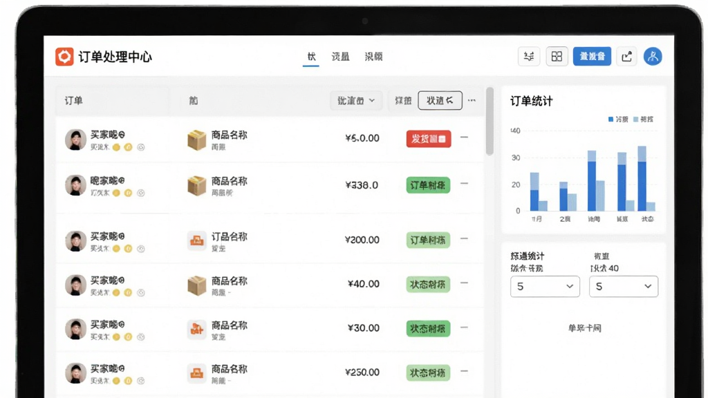 抖店工作台订单处理中心界面,画面展示电脑屏幕上的订单列表,每行订单包含买家昵称、商品名称、金额和状态标签,顶部有批量操作按钮,右侧显示订单统计图表,风格简洁高效,细节包括发货按钮和筛选器,画质清晰,干净,无多余元素