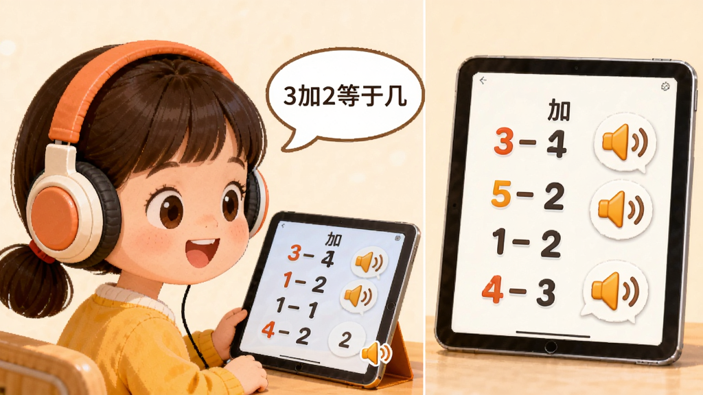 长风少儿加减法语音提示功能展示图,画面中一个小女孩戴着耳机看着平板电脑,屏幕上显示加减法题目和喇叭图标,旁边有语音气泡写着“3加2等于几”,布局为左右分栏,左侧人物右侧界面,风格为温馨卡通,细节有耳机、平板、数字、喇叭图标,画质高清,干净,无多余元素