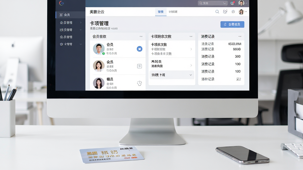 一张展示美碧云收银拓客系统会员管理与卡项核销功能的场景图,画面主体为电脑屏幕特写,屏幕上显示会员管理界面,包含会员头像列表、卡项剩余次数、消费记录等信息,屏幕前方放着一张会员卡和一部手机,背景是简洁的办公室桌面,整体布局为居中特写构图,风格为现代简约科技风,细节上界面数据清晰可见、色彩柔和,画质高清干净无多余元素