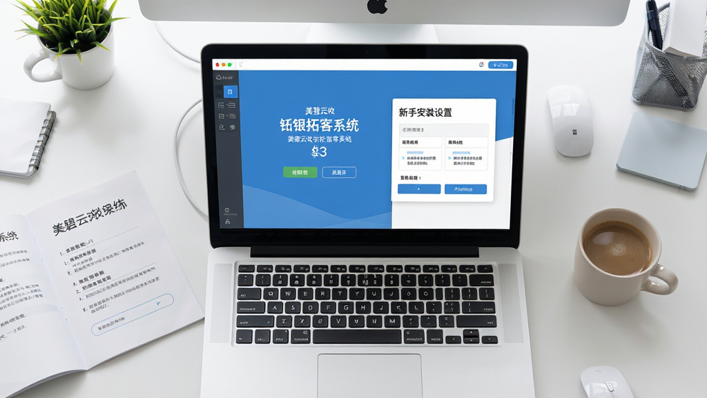 一张展示美碧云收银拓客系统新手安装设置的场景图,画面主体为一台笔记本电脑屏幕,屏幕上显示软件安装向导界面和设置页面,旁边放着一本打开的操作手册和一杯咖啡,背景是整洁的办公桌面,整体布局为俯拍视角,风格为清新写实办公风,细节上安装步骤清晰可见、界面文字可辨,画质高清干净无多余元素