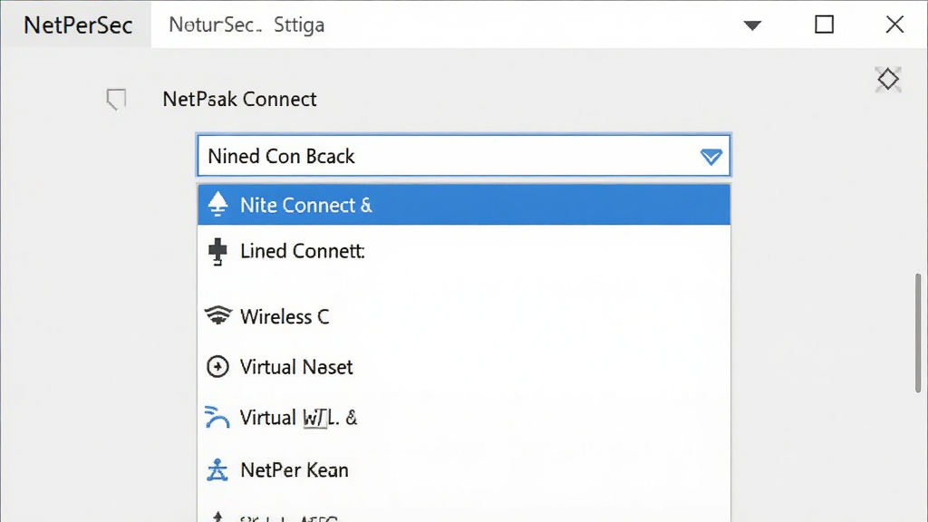 一张NetPerSec多网卡选择界面示意图,主体为软件设置面板中的网卡下拉列表,布局居中,排版列表式,风格商务简约,细节包含有线连接、无线连接、虚拟网卡等选项,画质清晰,背景为浅灰色,无多余元素