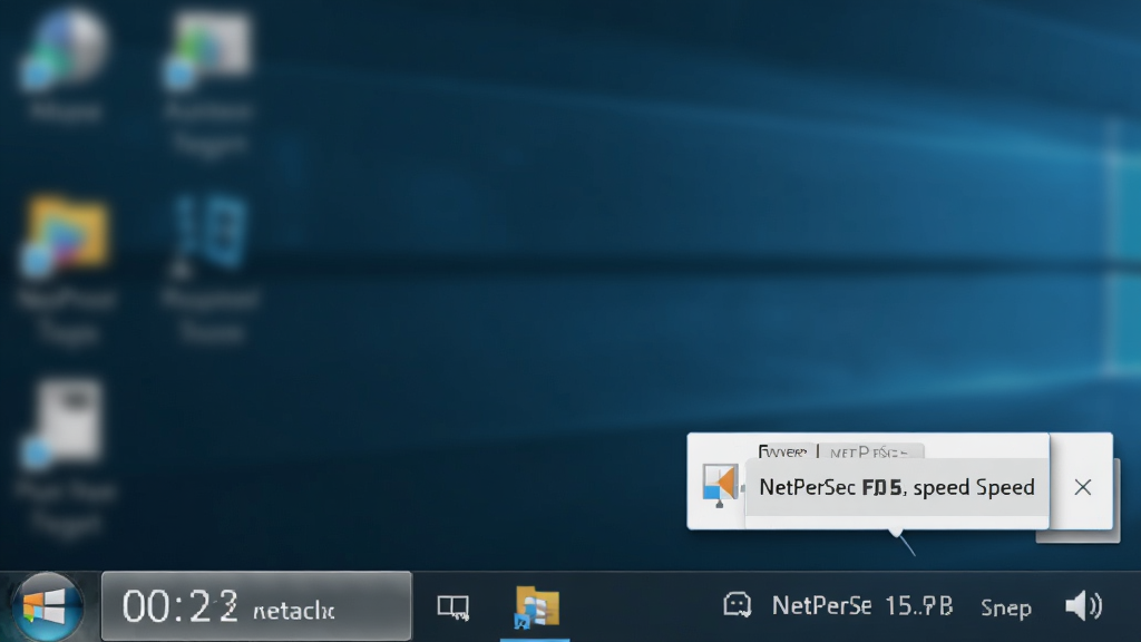 一张NetPerSec在Windows系统托盘区域运行的示意图,主体为任务栏右下角托盘图标与悬浮速度提示,布局为屏幕底部局部,排版自然,风格写实,细节包含时间日期、音量图标、网络图标和NetPerSec小窗口,画质清晰,背景为模糊桌面,无多余元素