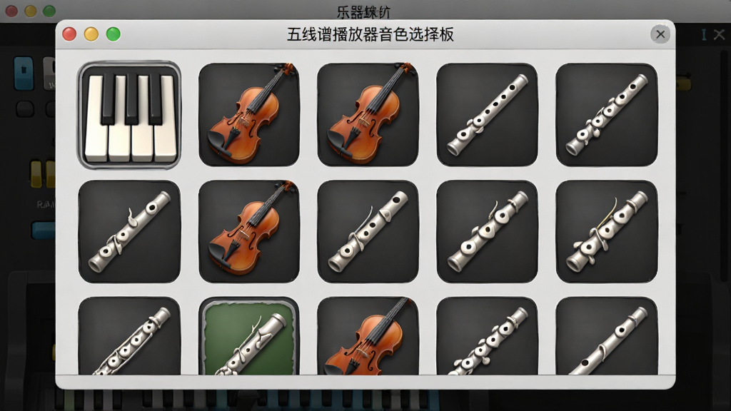 一张展示蛐蛐五线谱播放器音色选择面板的图片,主体为软件界面中的乐器选择弹窗,布局为网格状排列的乐器图标,排版整齐,风格为立体质感,细节包括钢琴键、小提琴琴弦、长笛按键等图标,画质高清,干净,无多余元素