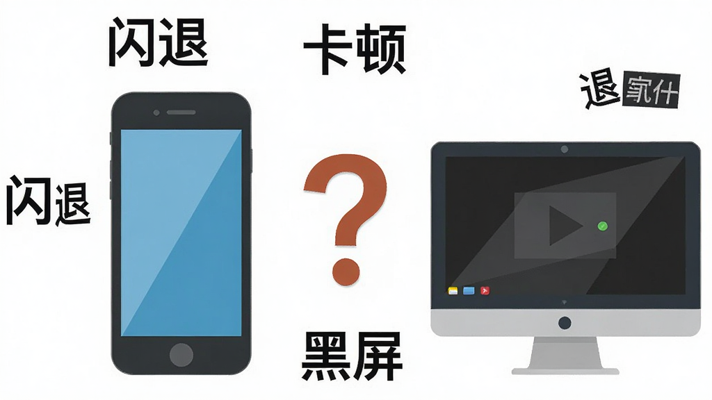 3gp视频播放器故障排查示意图,画面中包含手机与电脑图标,中间用问号连接,周围环绕“闪退”“卡顿”“黑屏”等关键词,风格扁平化,画质清晰,无多余装饰