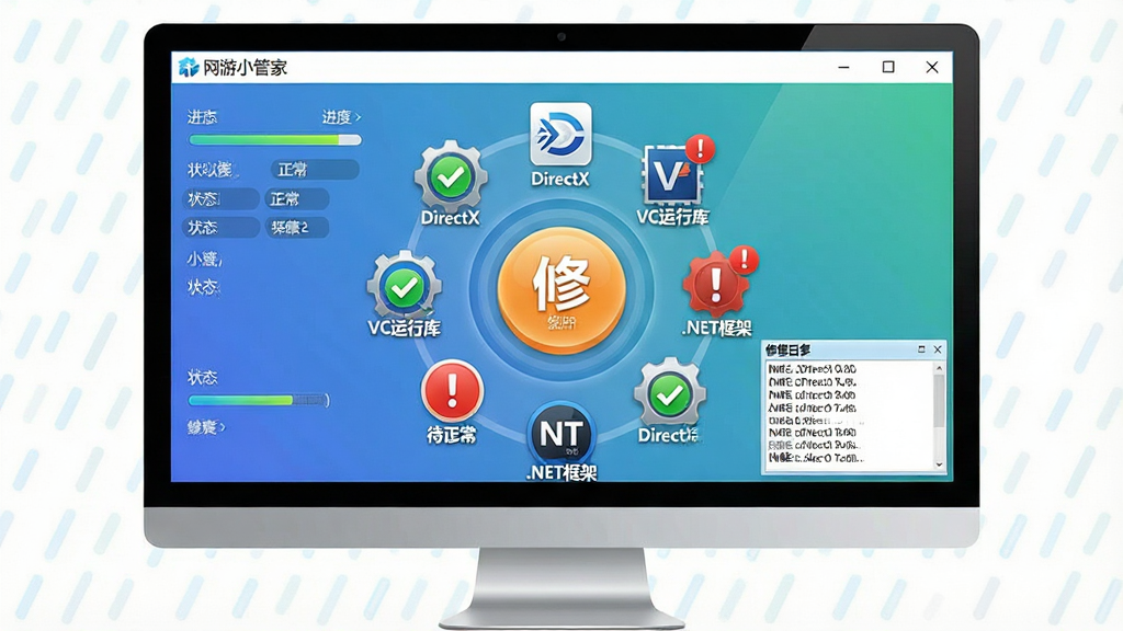 一张展示网游小管家一键游戏修复功能的示意图,画面中央是一个电脑屏幕,屏幕上显示“网游小管家”的修复工具界面,界面中有一个醒目的圆形修复按钮,按钮周围环绕着DirectX、VC运行库、.NET框架等组件图标,部分图标显示绿色对勾表示正常,部分显示红色感叹号表示待修复,布局为环形排列,风格为清新工具风格,细节包括进度条、状态标签、修复日志窗口,画质高清,干净无多余元素