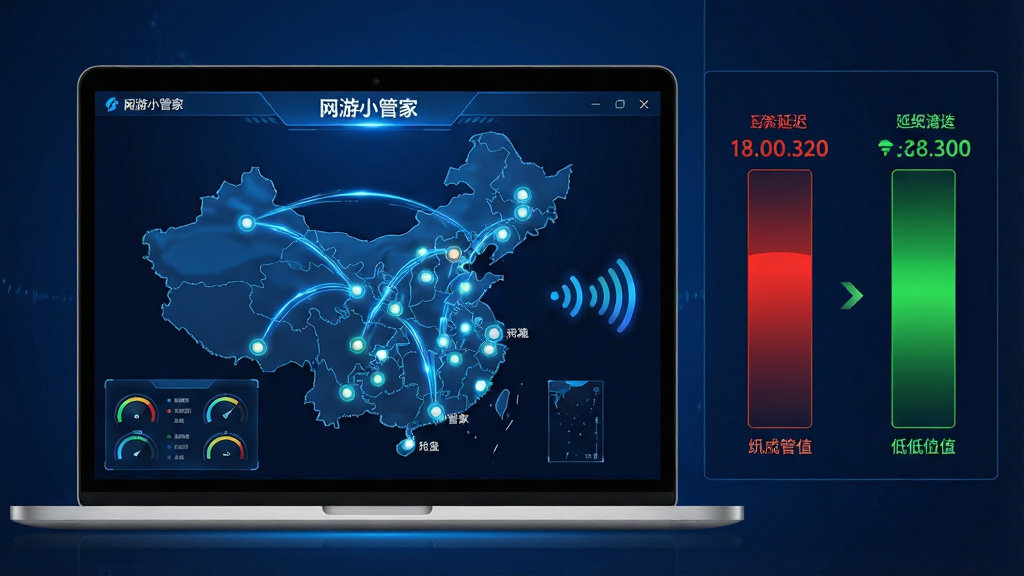 一张展示网游小管家智能网络加速功能的示意图,画面主体是一台笔记本电脑屏幕,屏幕上显示“网游小管家”的加速界面,界面中有一张中国地图,地图上多个城市节点用发光圆点标注,节点之间连接着流动的光线,屏幕右侧显示延迟从红色高数值变为绿色低数值的对比效果,布局为左右分栏,风格为科技蓝光风格,细节包括数据仪表盘、信号波纹、节点名称标签,画质高清,干净无多余元素