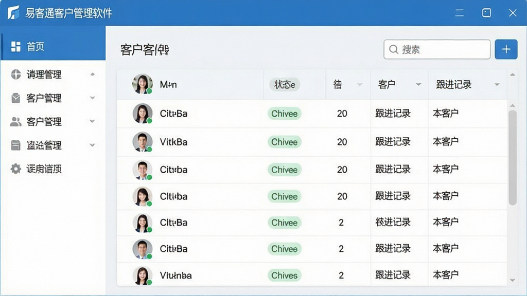 一张干净整洁的软件界面截图风格图片,画面中央展示“易客通客户管理软件”的主界面,左侧为功能导航栏,右侧为客户列表与跟进记录表格,整体采用蓝色与白色商务配色,布局清晰,排版规整,风格为现代扁平化软件UI,细节包含客户头像、状态标签、搜索框,画质高清,干净,无多余元素