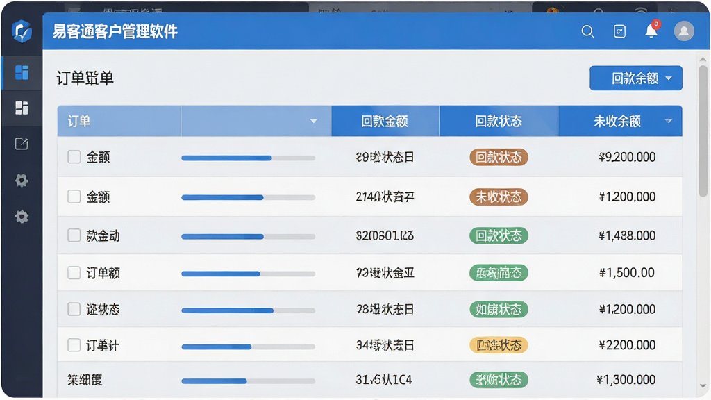 一张展示订单与回款管理功能的软件界面图,画面中“易客通客户管理软件”的订单列表显示金额、回款状态与未收余额,表格配色为浅灰与蓝色,风格为简约商务,细节包含进度条与状态标签,画质高清,干净,无多余元素