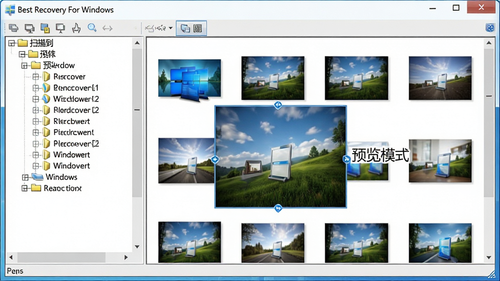 一张展示软件预览功能的界面截图风格图片。画面主体是“Best Recovery For Windows”的软件窗口,左侧是树状目录结构显示扫描到的文件类型,右侧是网格状的图片缩略图预览窗口,其中一张图片被放大显示,旁边标注着“预览模式”。布局采用标准Windows窗口样式,风格为简洁商务风,UI界面干净整洁,文字清晰可辨,画质高清,无杂乱背景。