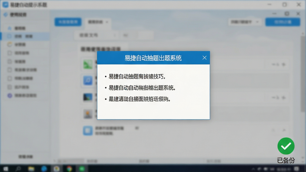 AI生图提示词:一张电脑屏幕画面,屏幕中显示“易捷自动抽题出题系统”的使用技巧提示弹窗,弹窗内列出三条技巧文字,背景为软件主界面虚化效果,屏幕右下角有“已备份”绿色对勾图标,整体布局居中,风格简洁实用,细节清晰,画质高清,干净无多余元素