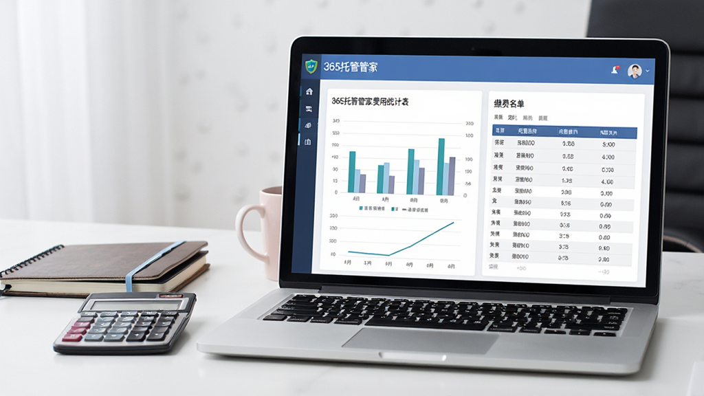 一台笔记本电脑屏幕上显示“365托管管家”费用统计报表界面,包含柱状图与缴费名单表格,旁边放置计算器与笔记本,背景为整洁的办公桌面,风格简约商务,画质清晰,干净无多余元素