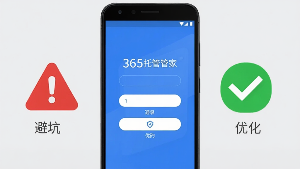 一部安卓手机屏幕显示“365托管管家”登录界面,旁边有一个红色警示图标与绿色对勾图标,分别代表避坑与优化,背景为浅灰色,风格简洁明了,画质清晰,干净无多余元素