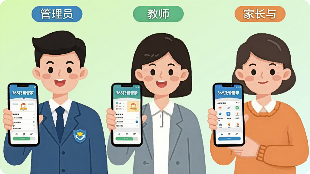 画面展示三个卡通人物分别代表管理员、教师与家长,每人手持手机显示“365托管管家”不同角色界面,人物上方有对应标签,背景为浅绿色渐变,扁平化插画风格,布局清晰,画质干净,无多余元素
