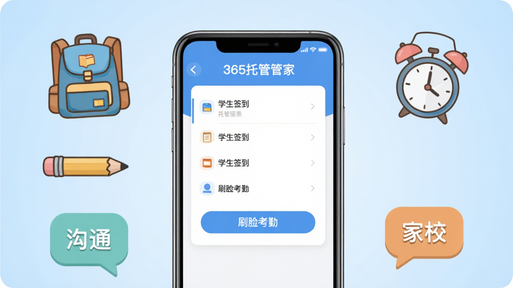 画面中央放置一部智能手机,屏幕上显示“365托管管家”软件主界面,界面包含学生签到列表与刷脸考勤按钮,手机四周环绕卡通风格的书包、铅笔、闹钟与家校沟通气泡图标,背景为浅蓝色渐变,整体布局居中对称,扁平化UI风格,细节清晰,画质干净,无多余元素