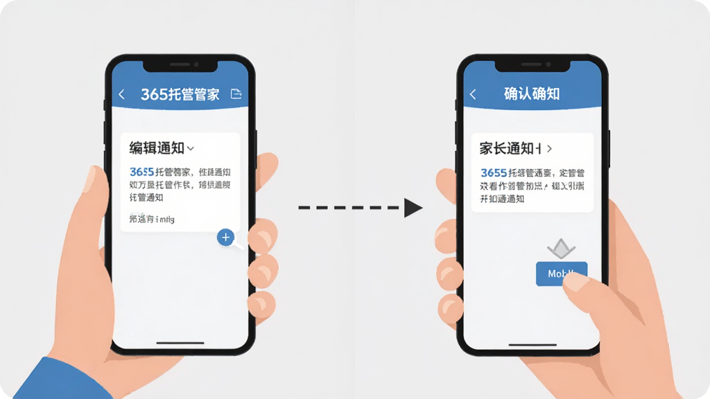 画面分为左右两部分,左侧是老师用手机在“365托管管家”中编辑作业通知,右侧是家长在手机上查看通知并点击确认,中间用虚线箭头连接,背景为简洁的浅灰色,扁平化设计风格,界面元素清晰,画质干净,无多余装饰