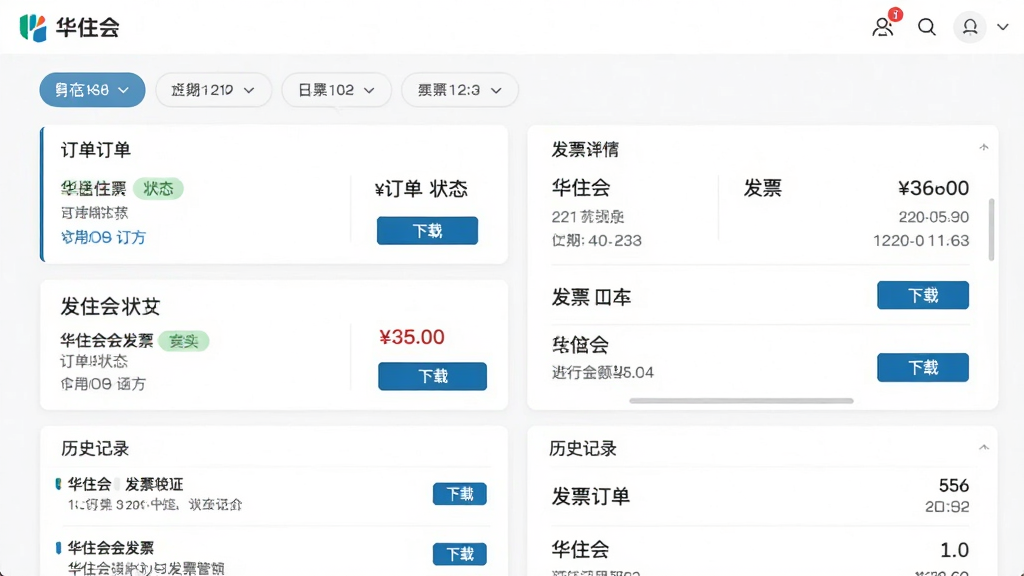主体为华住会订单与发票管理界面,布局采用列表式布局左侧为订单卡片右侧为发票详情,排版上方为筛选标签下方为历史记录,风格为清爽素雅白色背景,细节包含订单状态标签、发票金额、日期时间、下载按钮,画质清晰干净无多余元素,画面中文字标注“华住会”