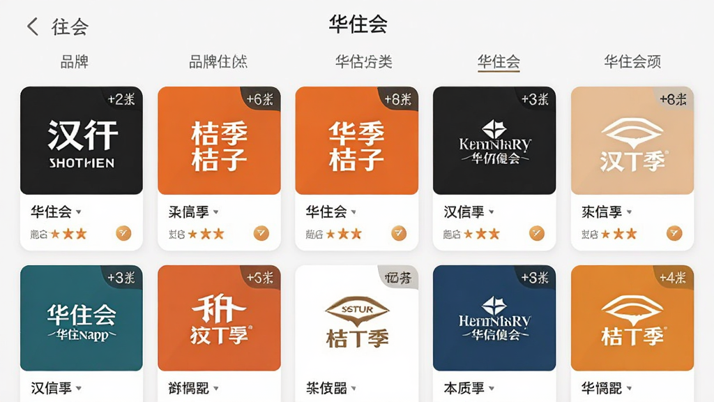 主体为华住会app品牌选择界面,布局采用网格排列展示多个酒店品牌logo,排版上方为品牌分类标签下方为品牌卡片列表,风格为简约商务浅色背景,细节包含汉庭全季桔子等品牌标识、门店数量角标、选中高亮效果,画质清晰明亮干净无多余元素,画面中文字标注“华住会”