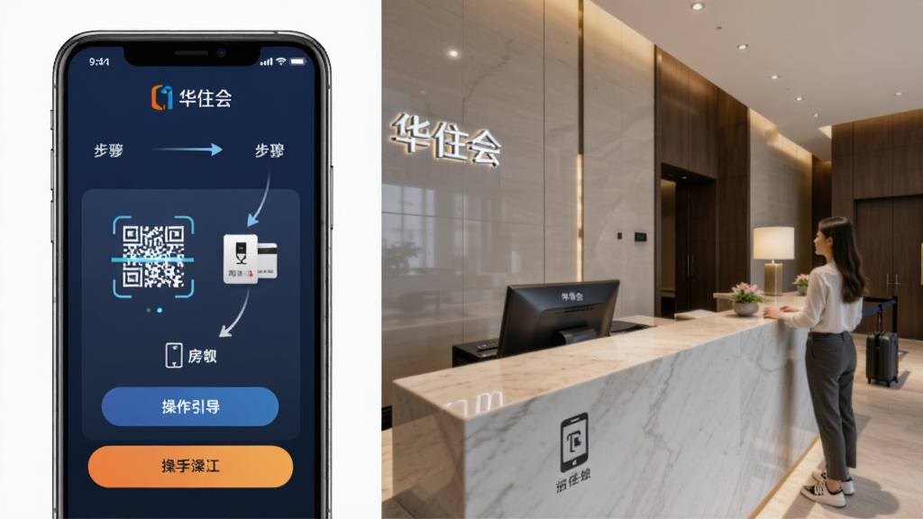 主体为华住会自助入住操作界面,布局采用分步引导式设计左侧为手机屏幕右侧为酒店前台场景,排版上方为步骤指示下方为操作按钮,风格为科技感现代简约,细节包含二维码扫描、房卡领取、手机开门图标,画质高清干净无多余元素,画面中文字标注“华住会”