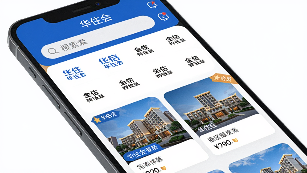 主体为一部智能手机屏幕展示华住会app首页界面,布局采用居中构图手机略微倾斜,排版上方为搜索框与品牌图标矩阵下方为酒店推荐卡片,风格为现代扁平化UI设计,细节包含蓝色主色调、酒店缩略图、价格标签、会员等级角标,画质高清干净无多余元素,画面中文字标注“华住会”