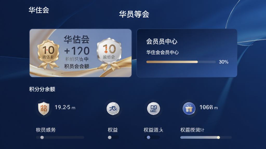 主体为华住会会员中心页面,布局采用上下结构上方为会员等级卡片下方为权益图标列表,排版清晰层次分明,风格为高端质感深蓝渐变背景,细节包含会员等级标识、积分余额、权益图标、进度条,画质精致干净无多余元素,画面中文字标注“华住会”