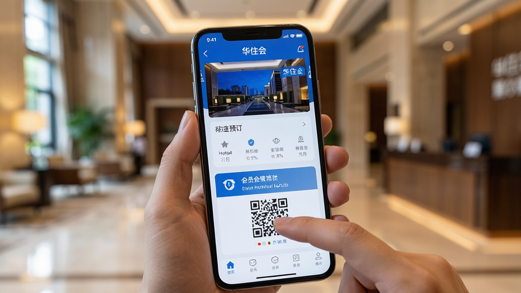 主体为智能手机展示华住会app移动端操作界面,布局采用手持手机视角背景为酒店大堂虚化场景,排版上方为状态栏下方为app功能页面,风格为真实生活化场景拍摄感,细节包含手指点击屏幕、酒店预订页面、会员二维码,画质高清自然干净无多余元素,画面中文字标注“华住会”