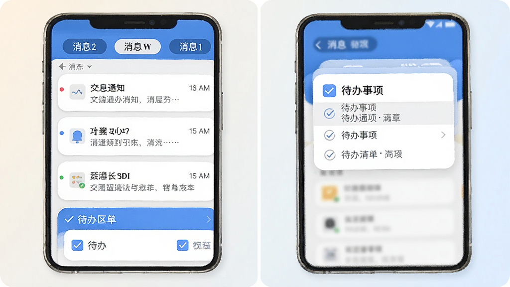 交我办消息通知与待办清单功能界面,画面展示手机屏幕内消息列表与待办事项卡片,顶部为消息分类标签,中部为按时间排列的通知条目,底部为待办勾选区域,界面采用蓝白配色与圆角卡片设计,背景为柔和浅色,风格简洁明快,细节清晰,画质干净,无多余元素