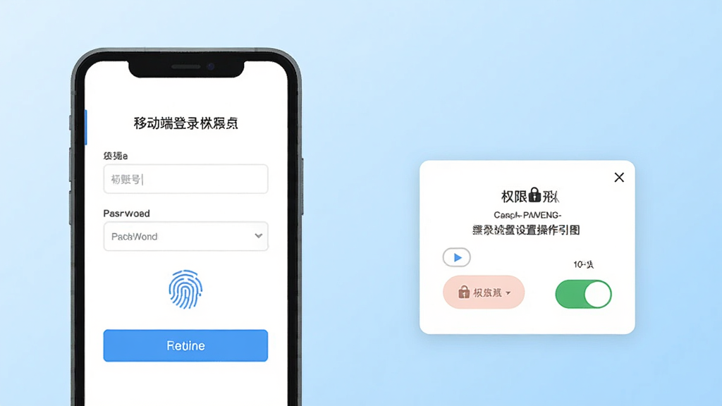 交我办移动端登录与权限设置操作引导图,画面展示手机屏幕内登录界面与权限授权弹窗,包含账号输入框、密码框、指纹图标、权限开关按钮,背景为浅蓝色渐变,风格为扁平化示意图,布局清晰,细节干净,画质高清,无多余文字装饰