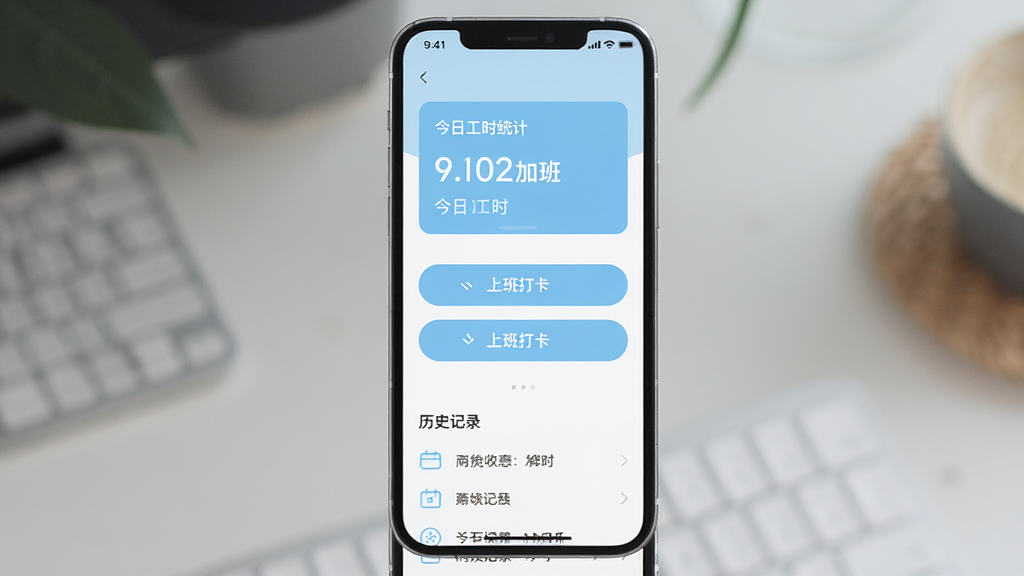 极简记加班 软件主界面展示 手机屏幕竖版布局 顶部显示今日工时统计卡片 中部为上下班打卡按钮 底部为历史记录列表 整体采用浅蓝色与白色搭配 简约扁平化设计风格 画面干净整洁 高清画质 无多余元素